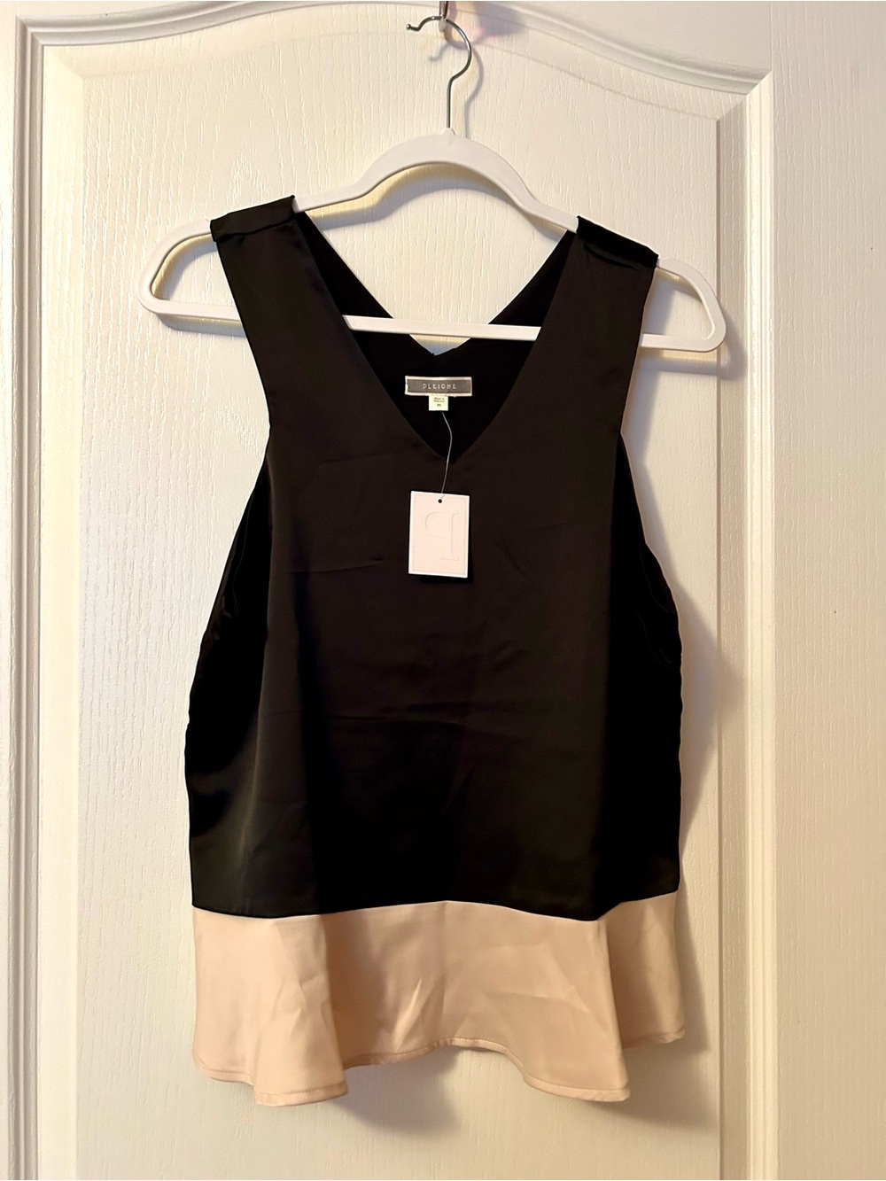 Two-Tone Black and Cream V-Neck Women's Sleeveless Blouse